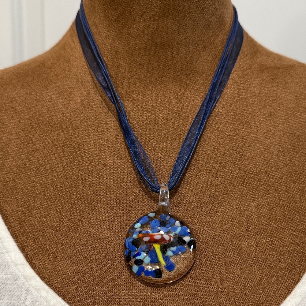Murano Glass Pendant Necklace with Red Capped Mushroom And Blue Ribbon Cord BOHO